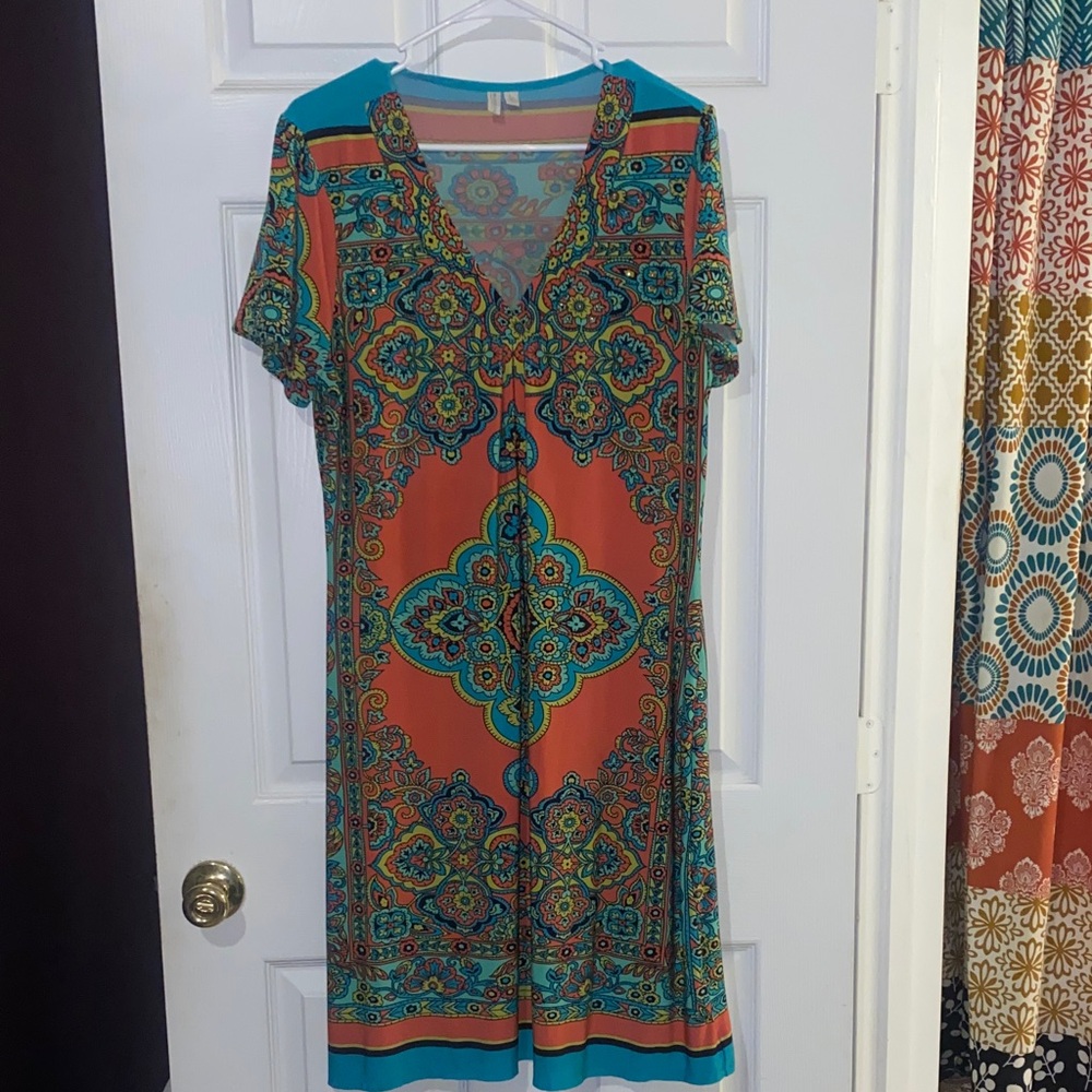 Madison Orange and Teal Printed Midi Dress